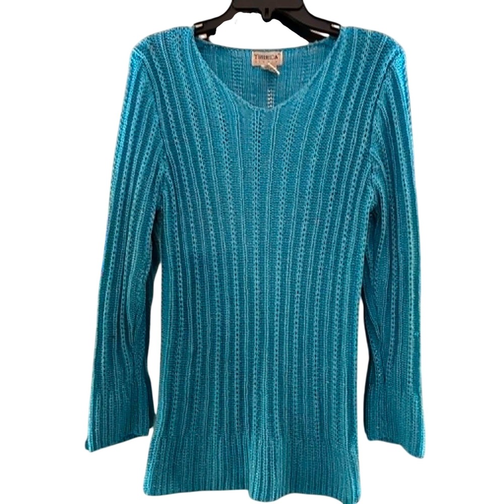 Tribeca Studio Sweater Womens M Turquoise Blue Metallic V-Neck Y2K Coastal Knit